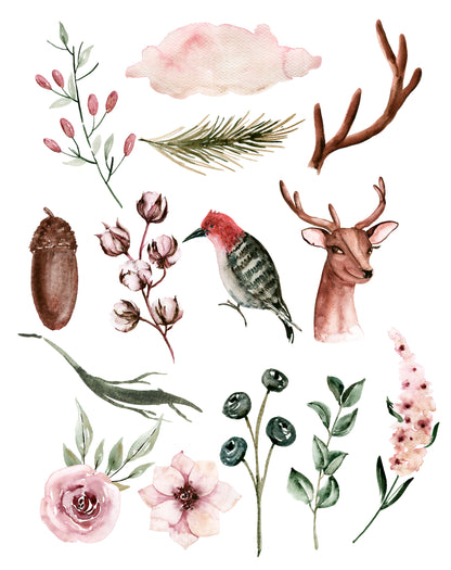 Ohne Versandkosten 39 handgemalte Elemente, Tiere, Floral, Wasserfarbe Stil, für personalisierte Einladungskarte, Grußkarten, Apple Page, Kissen, Canva…PNG