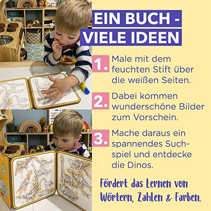 mierEdu Magisches Wassermalbuch,Dinowelt,Zaubermalbuch mit Doodle Pen für Reisen ,Fördert Kreativität und Zeichnen,Malbuch ab 3 Jahren,Water Doodle