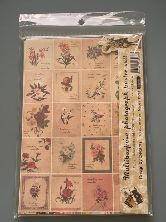 24 Blätter Vintage-Aufkleber: verschiedene Muster mit Blumen, Briefmarken und Figuren