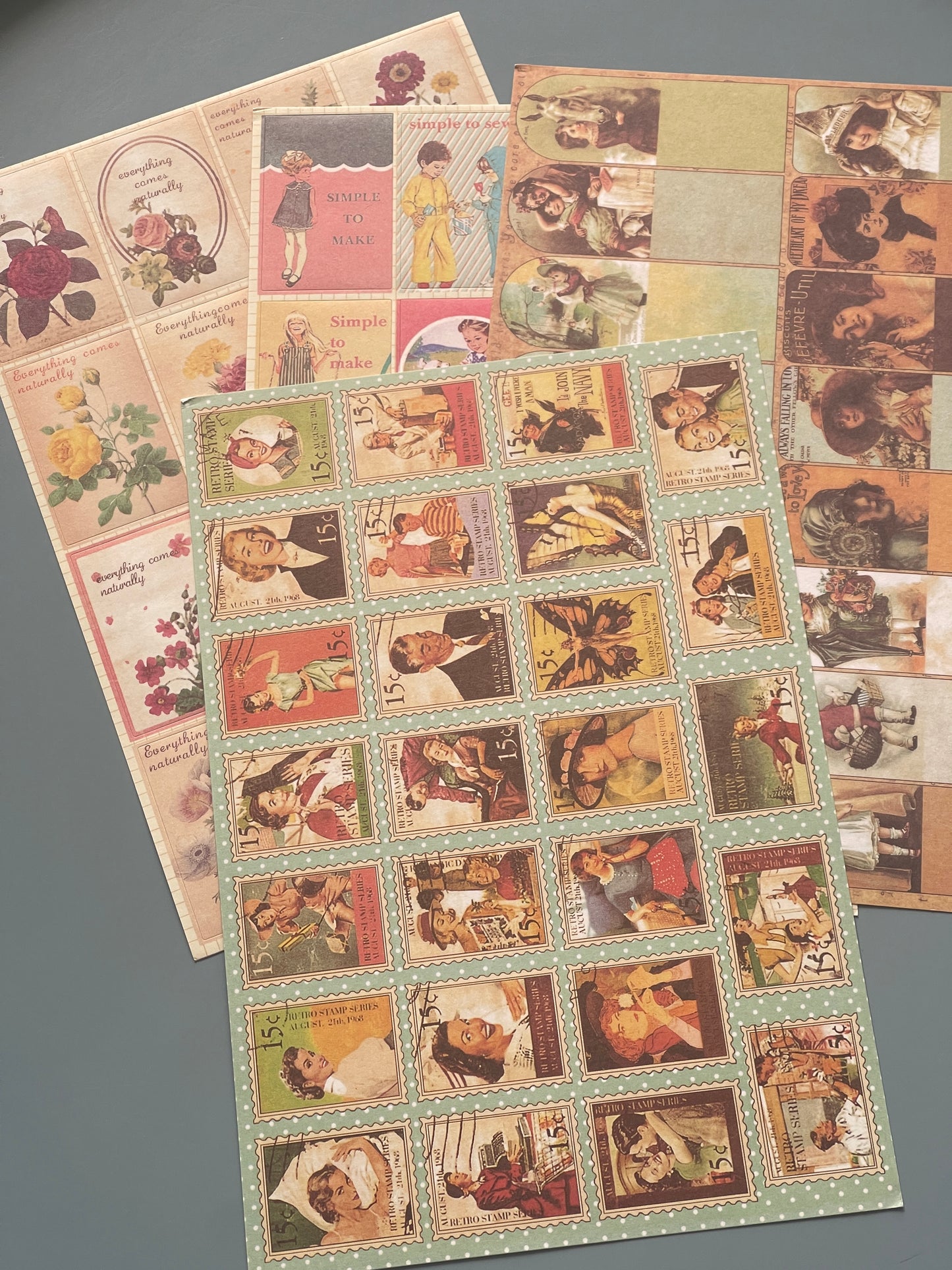 24 Blätter Vintage-Aufkleber: verschiedene Muster mit Blumen, Briefmarken und Figuren