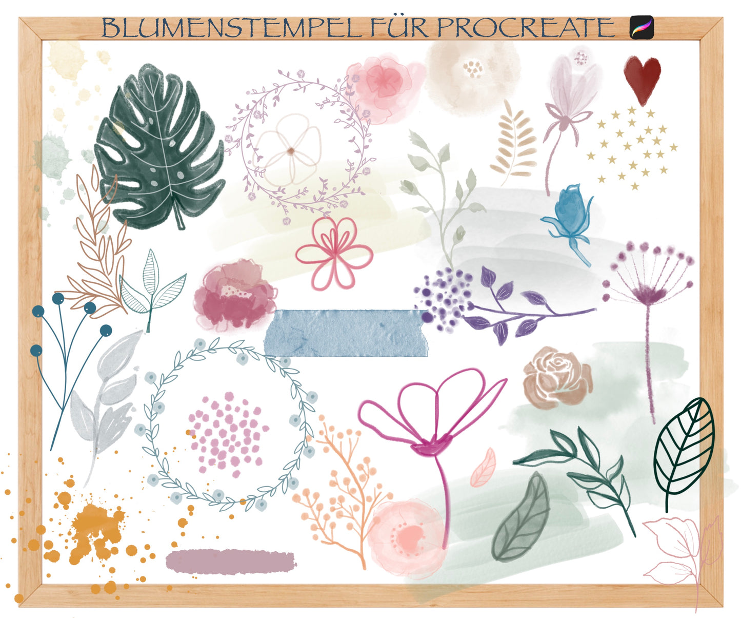 Procreate Blumenstempel, 60 Rosenmuster 77 Pflanzen dekorative Formen Blattelementbürsten, Watercolor Painting