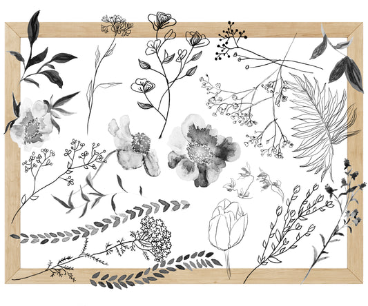 Ohne Versandkosten 19 schwarz Florals schwarz&weiß, Goodnotes Sticker,handgemalt,zugeschnittene PNG-Datei, Vektor Sticker , persönliche Nutzung