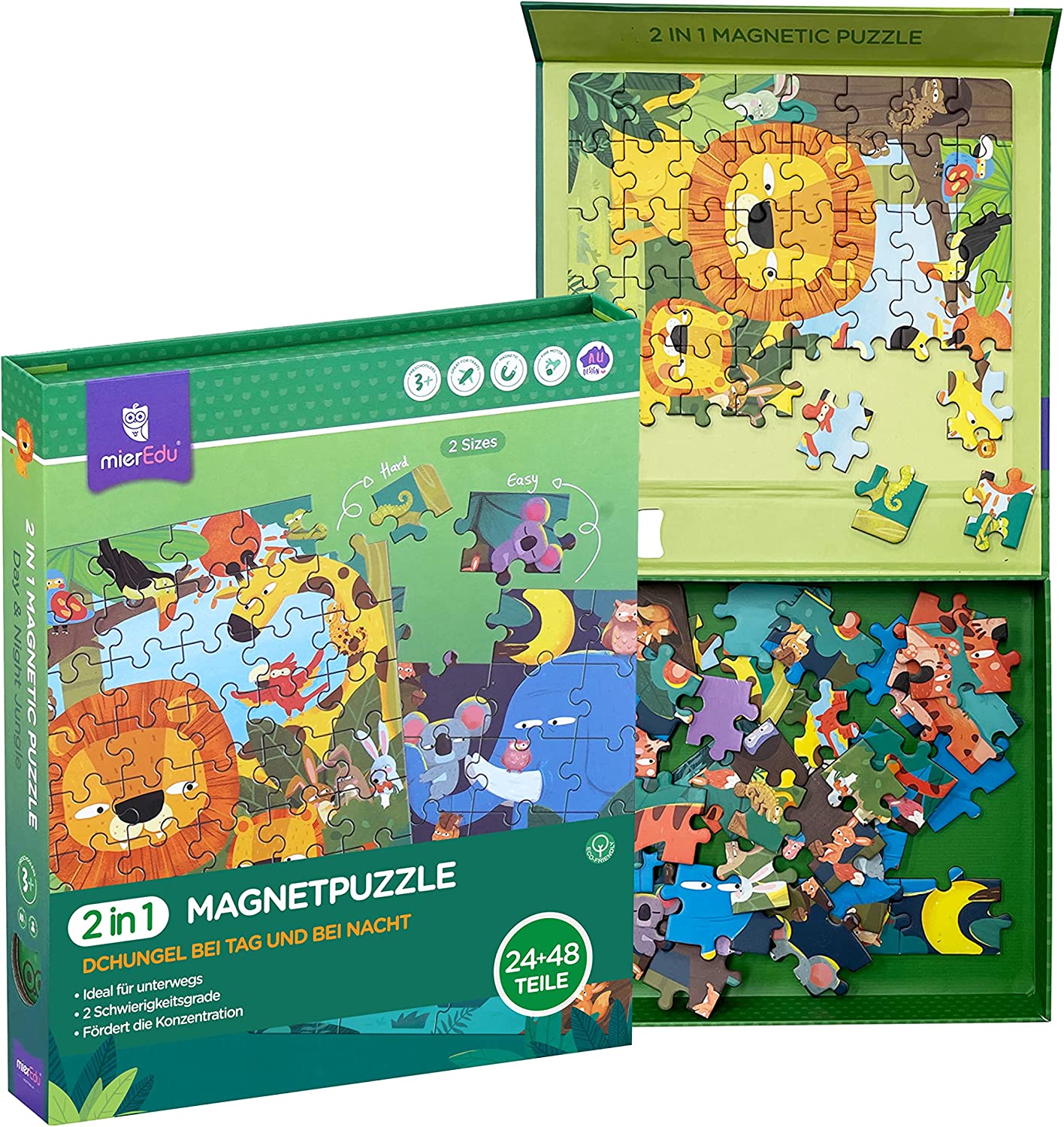 Das Puzzle zeigt verschiedene Tiere im Wald, darunter Tiger, Löwe ,Elefant und Giraffe, MierEdu 